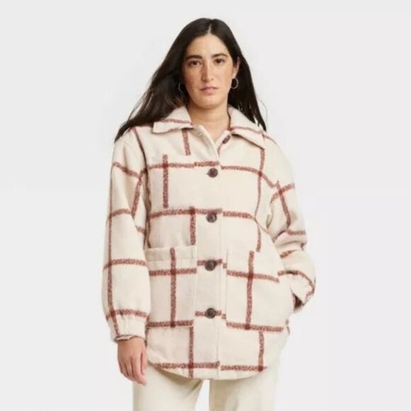 Universal Thread Womens Oversized Windowpane Plaid Shacket Jacket Beige/Brown L - Picture 1 of 7